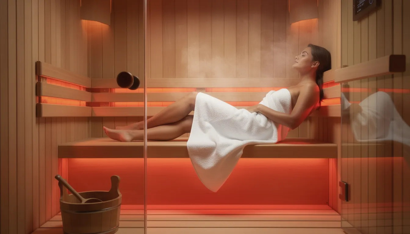 A person is seen relaxing inside a modern wooden sauna, illuminated by warm red and amber light from infrared panels. This soothing environment highlights the benefits of red light therapy and infrared sauna sessions for relaxation and improved skin health.