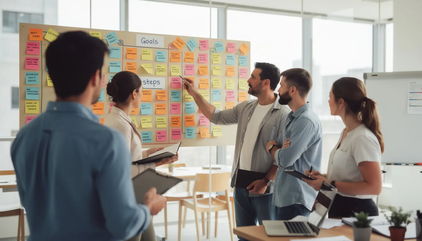 In House vs Outsourcing Software Development: A 2026 Guide for SaaS Products 1 The image depicts a team engaged in a planning session, surrounded by colorful sticky notes on a wall, highlighting their collaborative approach to software development. This scene reflects the dynamics of an in-house development team strategizing for a software project, emphasizing the importance of project management and internal capabilities.