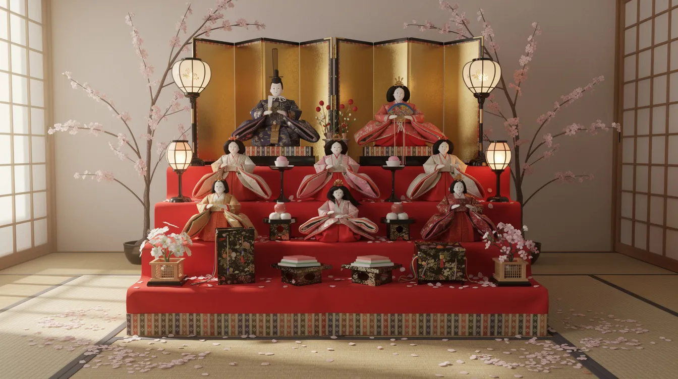 The image features a traditional Japanese tiered doll display platform, beautifully adorned with delicate cherry blossom branches and charming small lanterns, creating a serene atmosphere. This setup evokes the spirit of Japan and is perfect for showcasing adorable chiikawa figures and friends during seasonal celebrations.