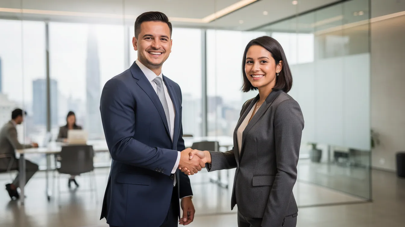 The image shows two business professionals shaking hands in a modern office setting, symbolizing a successful partnership that could potentially enhance their company's market position and valuation through strategic collaboration. This moment reflects the importance of building relationships that can lead to favorable financial metrics and future cash flows.