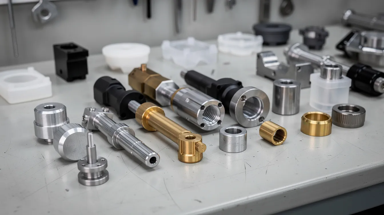 An assortment of CNC machined parts made from various metals and plastics is neatly arranged on a workbench, showcasing the precision and quality of small batch CNC machining. The parts include custom machined aluminum components and other materials, highlighting the capabilities of CNC machining services in producing high-quality, tight-tolerance pieces for numerous industries.