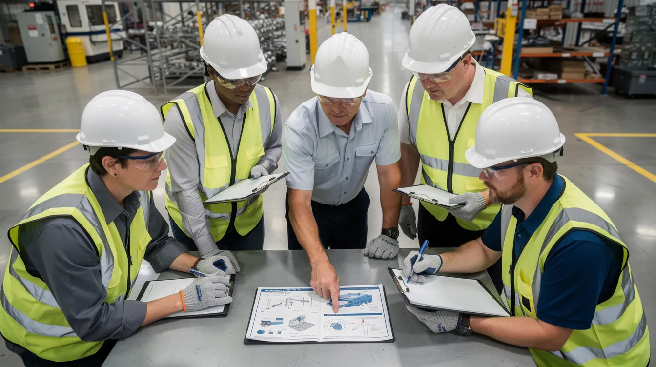 A group of manufacturing workers reviewing training materials in a factory.