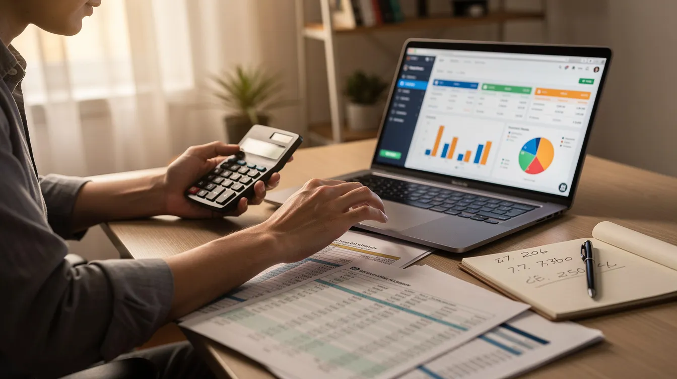 A person is focused on using a calculator and a laptop to manage their finances, surrounded by papers and notes. They appear to be planning for a loan application, possibly considering options related to "免 入 息" and other financial terms related to student funding.