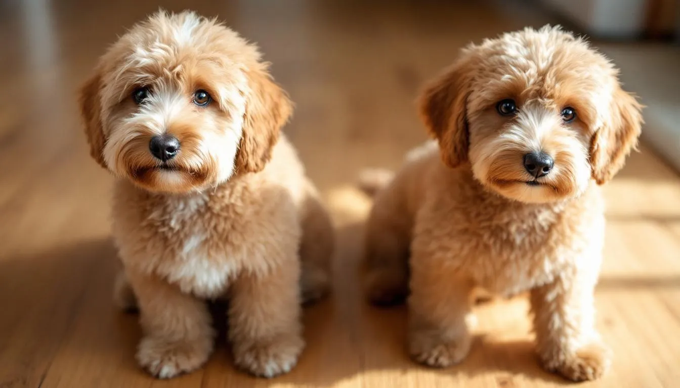 A fluffy mini goldendoodle sits next to a freshly groomed version of itself, showcasing the contrast in size and coat texture. This image highlights the mini goldendoodle