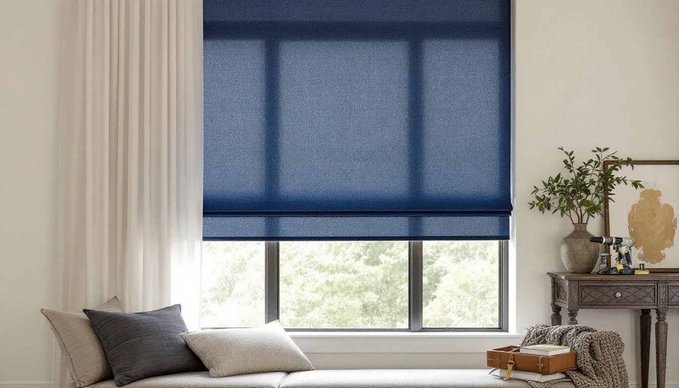 An image illustrating installation tips for high windows with various tools and shades.