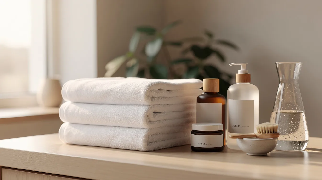 The image depicts a tranquil med spa setting, featuring neatly arranged towels and an array of skincare bottles illuminated by soft, natural light. This serene environment is perfect for clients seeking treatments like chemical peels and dermal fillers to achieve glowing skin and reduce wrinkles.
