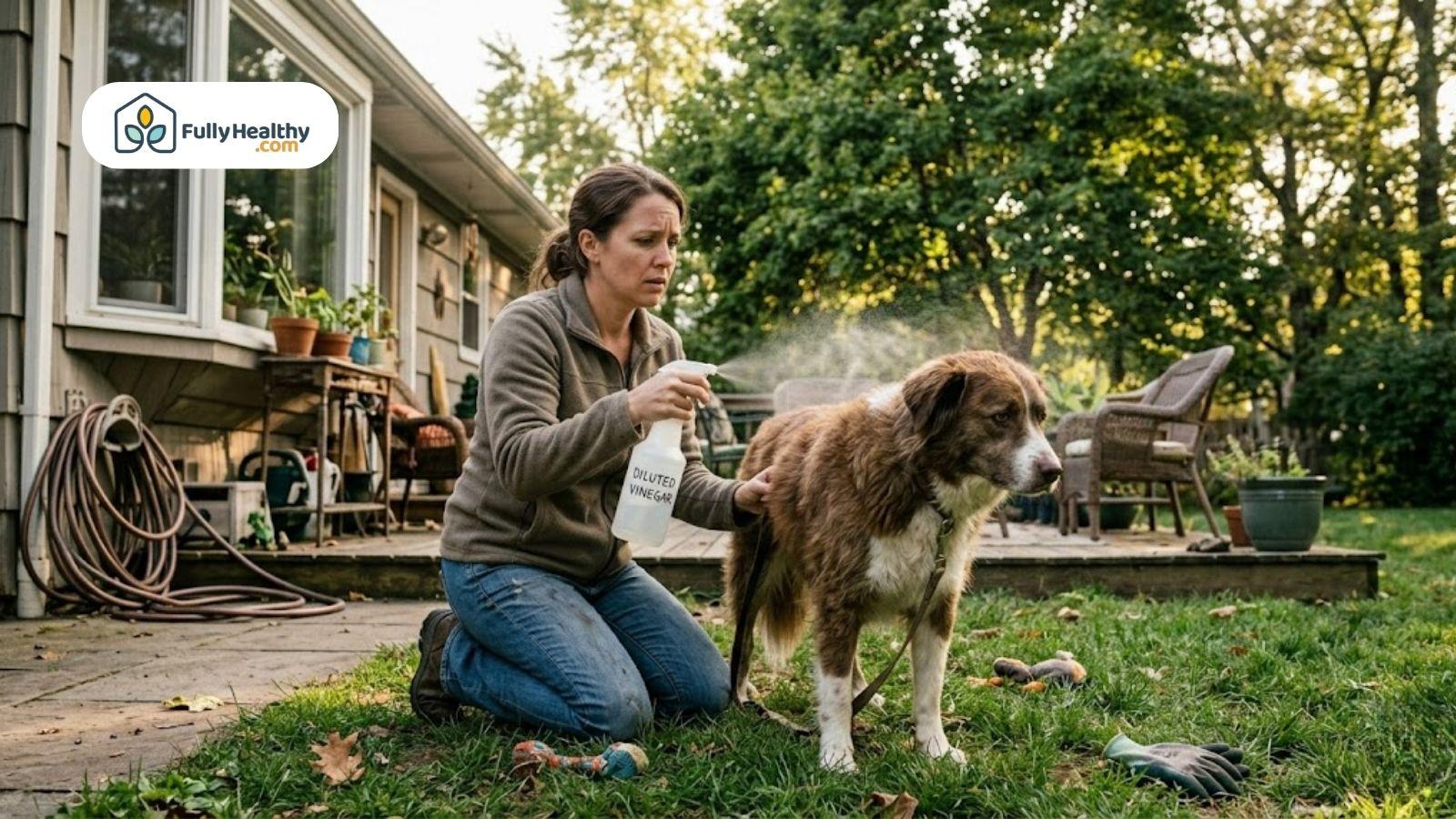 Woman spraying diluted vinegar on dog outdoors to repel fleas.