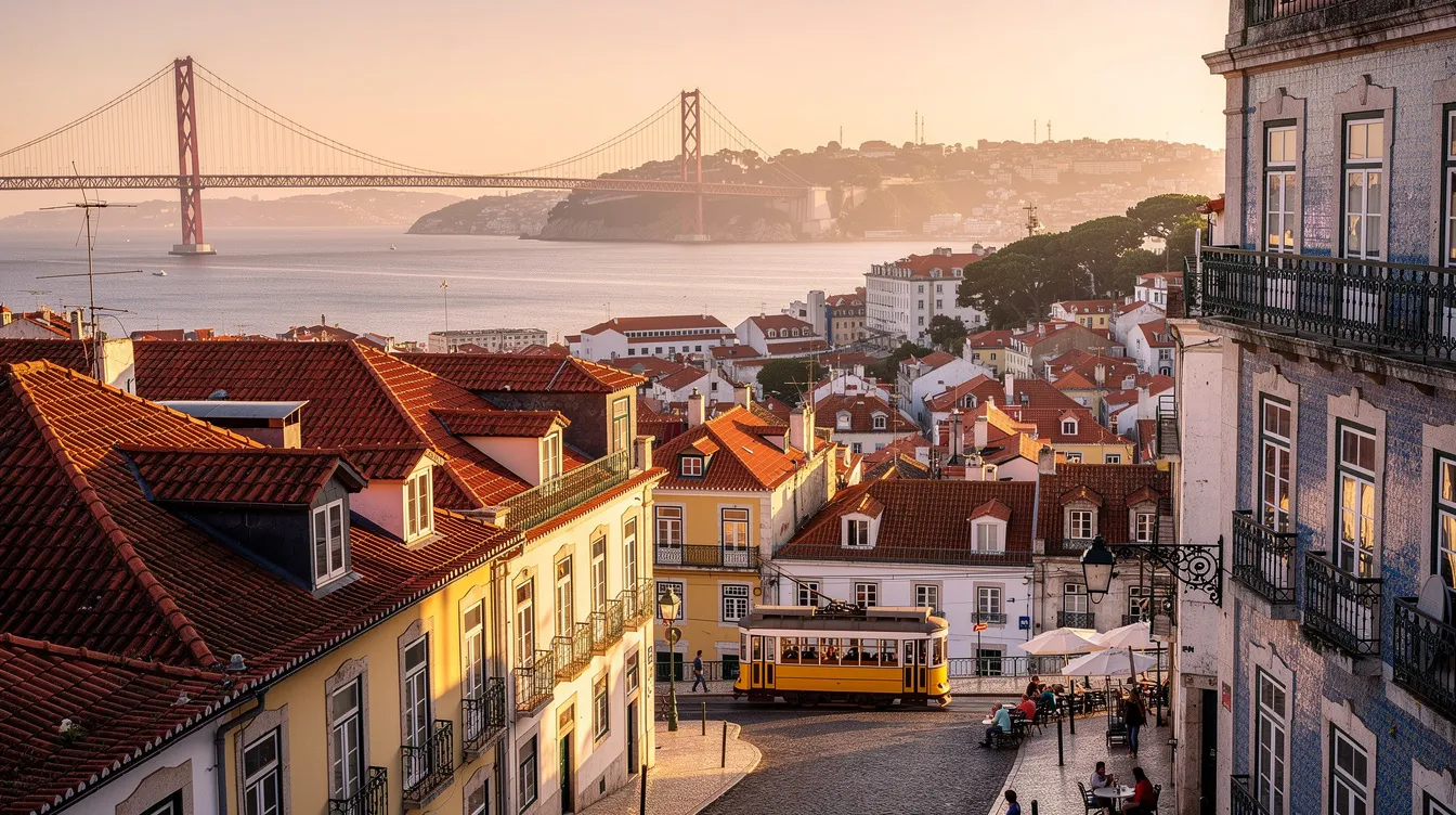 A imagem retrata a bela cidade de Lisboa, capital portuguesa, com destaque para o imponente Mosteiro dos Jerónimos e a famosa Praça do Comércio, ambos pontos turísticos icônicos. Ao fundo, é possível ver o Rio Tejo, que complementa a vista deslumbrante das colinas e ruas históricas da cidade.