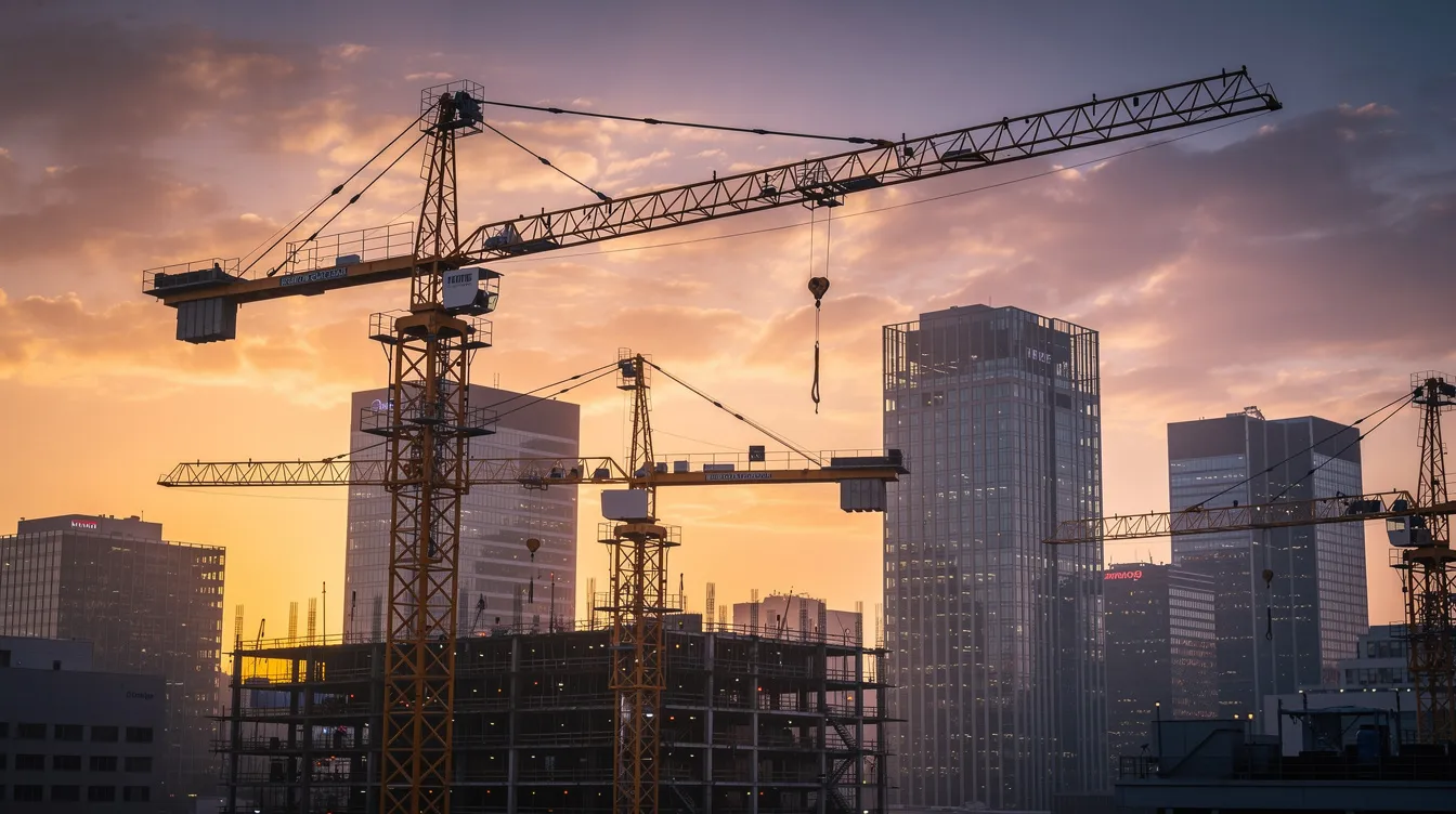 The image depicts multiple commercial construction cranes silhouetted against a vibrant sunset sky, set against a city skyline. This scene highlights the dynamic growth in the real estate market, symbolizing the ongoing development and professional growth within the construction industry.