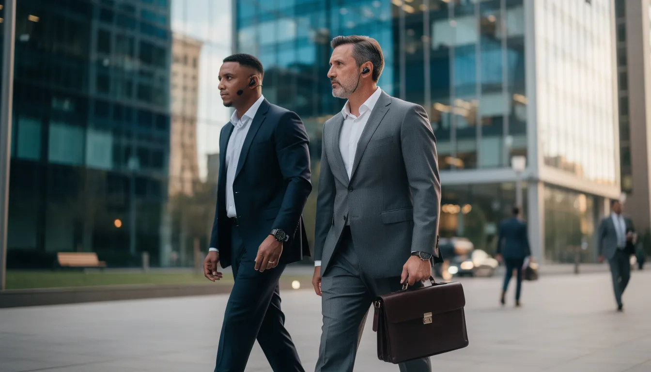 A professional close protection officer in business attire is walking alongside a client near modern glass buildings, showcasing the importance of personal security expertise and close protection services for high-profile individuals. The scene emphasizes the professionalism and commitment of executive protection officers in ensuring maximum safety in urban environments.