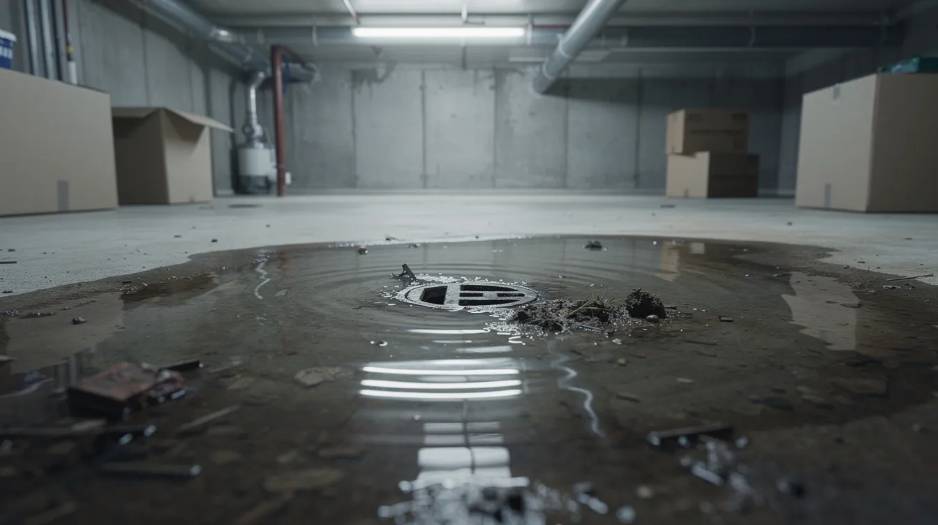 Water is flooding a basement floor due to a backed-up drain, highlighting a plumbing emergency that requires immediate attention from local plumbers or plumbing services. The scene depicts the urgent need for drain cleaning and plumbing repairs to resolve the issue effectively.