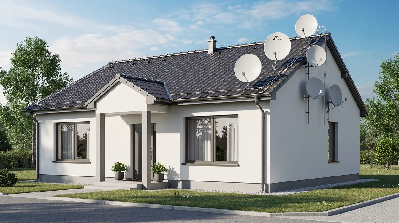 The image shows the exterior of a guest house featuring a roof equipped with multiple satellite dishes, indicative of a comprehensive DSTV installation. This setup suggests a focus on providing guests with quality entertainment options, likely utilizing professional DSTV installers for optimal signal reception in Plettenberg Bay.