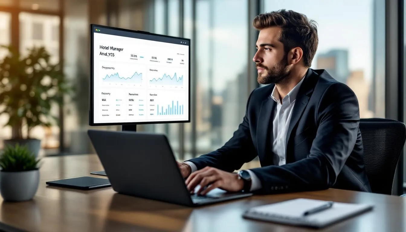 A hotel manager is focused on reviewing an analytics dashboard displayed on a laptop, which highlights key metrics such as occupancy rates and revenue performance, essential for optimizing hotel operations and enhancing guest experiences. The dashboard provides real-time insights that aid in improving operational efficiency and maximizing revenue for the hospitality industry.