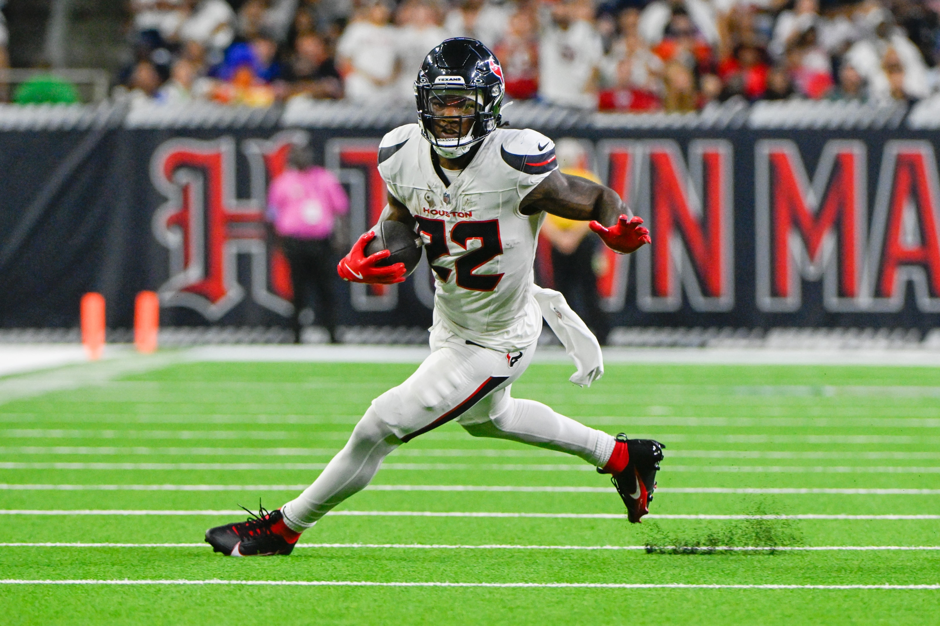 Houston Texans running back Cam Akers gets to the open field during a football game on September 15, 2024 at NRG Stadium in Houston, Texas.