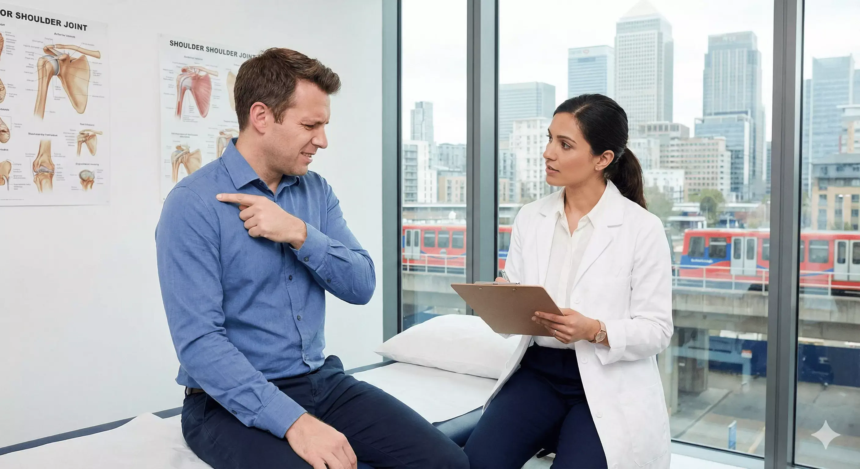 Specialist for shoulder pain consulting with a patient during a shoulder evaluation