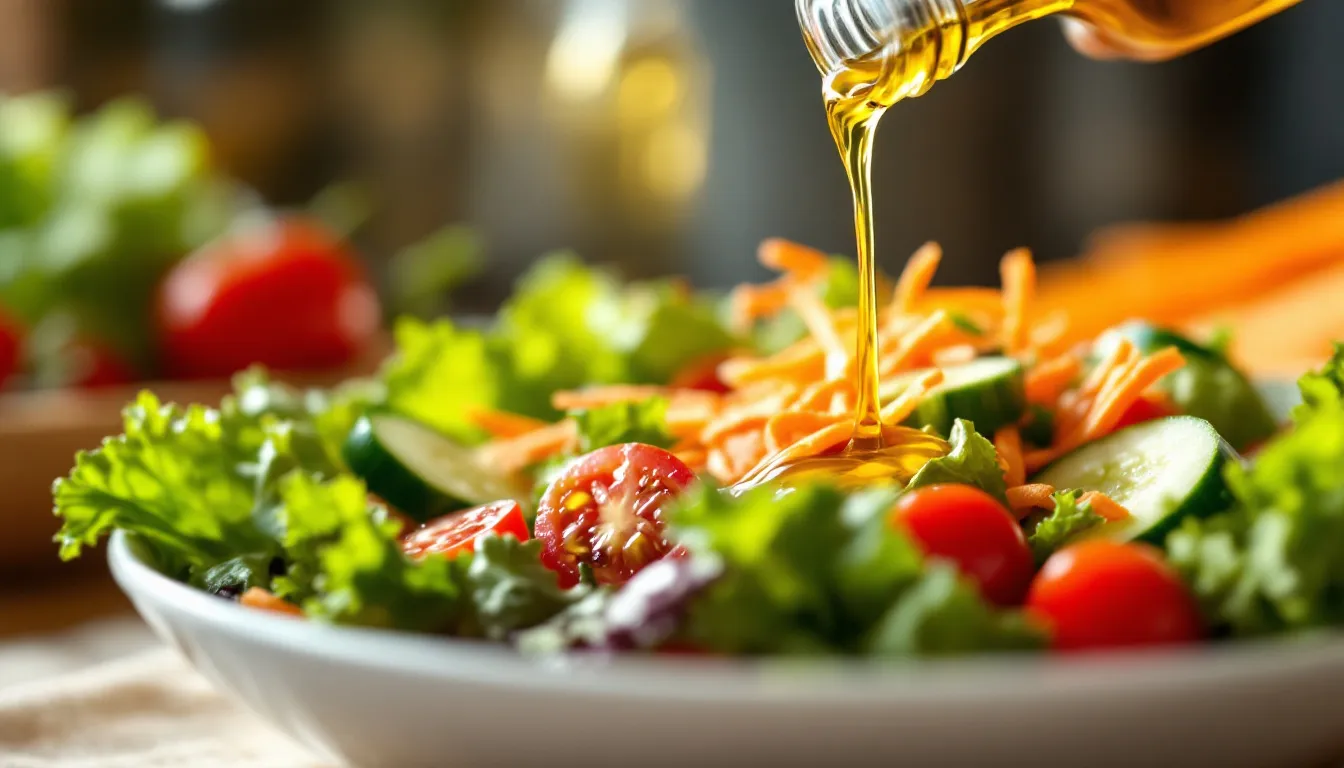 A drizzle of olive oil, highlighting its rich golden hue, cascades over a vibrant fresh salad, illuminated by natural lighting that enhances the colors of the vegetables. This scene showcases the use of high-quality olive oil, a prized cooking oil known for its heart-healthy monounsaturated fats.