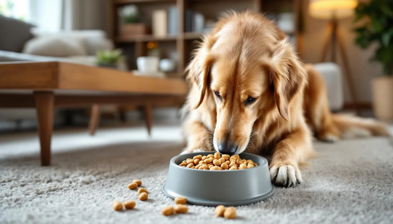 A dog is happily eating from a bowl filled with special kidney diet food, designed to support its health in managing chronic kidney disease. This diet is crucial for maintaining the dog