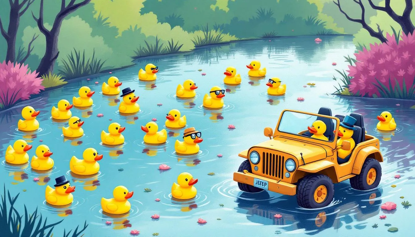 An illustration showing the origins of the duck duck jeep phenomenon with rubber ducks and a jeep.