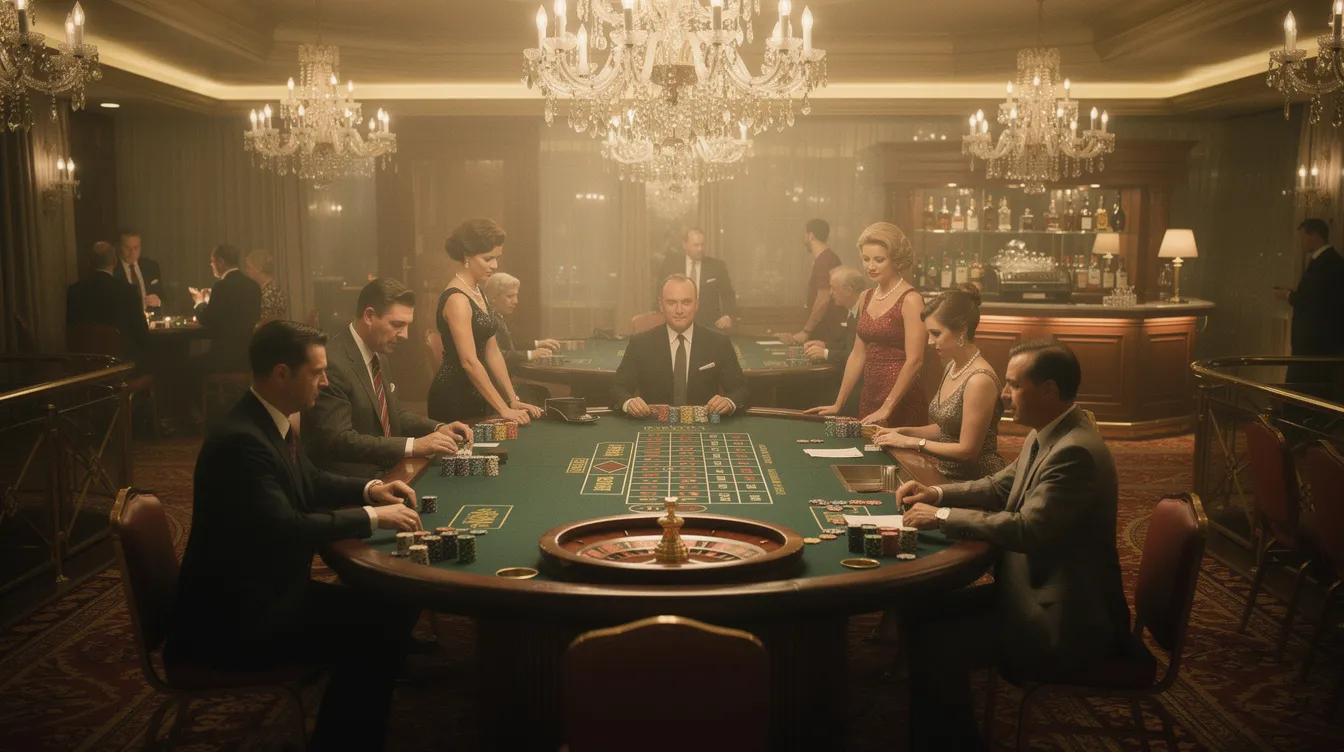 In einem stilvollen Casino-Raum der 1960er Jahre sind elegante Menschen an grünen Spieltischen versammelt, während warmes, gedämpftes Licht von prächtigen Kronleuchtern herabstrahlt. Diese Szenerie erinnert an die glamourösen Bond-Abenteuer, die in Filmen wie "Casino Royale" und den klassischen James Bond Filmen mit Sean Connery und Roger Moore präsentiert werden.