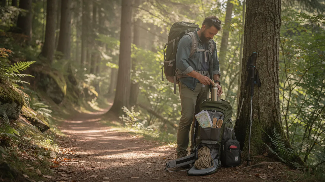 A hiker is inspecting their gear next to a forest trail, surrounded by a lush natural landscape, highlighting the importance of proper equipment in wilderness survival training. This scene emphasizes the essential skills needed for outdoor safety and self-reliance in nature.
