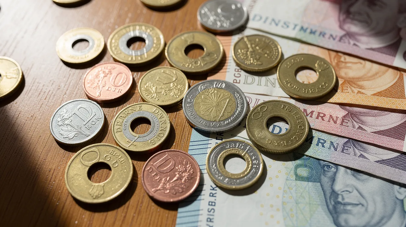 The image features an assortment of Danish coins and banknotes, showcasing the official currency of Denmark, the Danish krone. These distinct banknotes and krone coins are spread across a wooden surface, highlighting their varying denominations and designs.