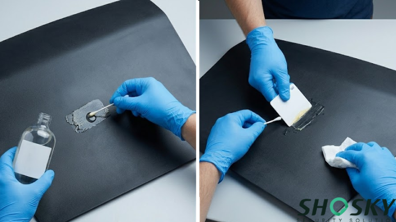 Scraper tool removing oil-softened sticker residue