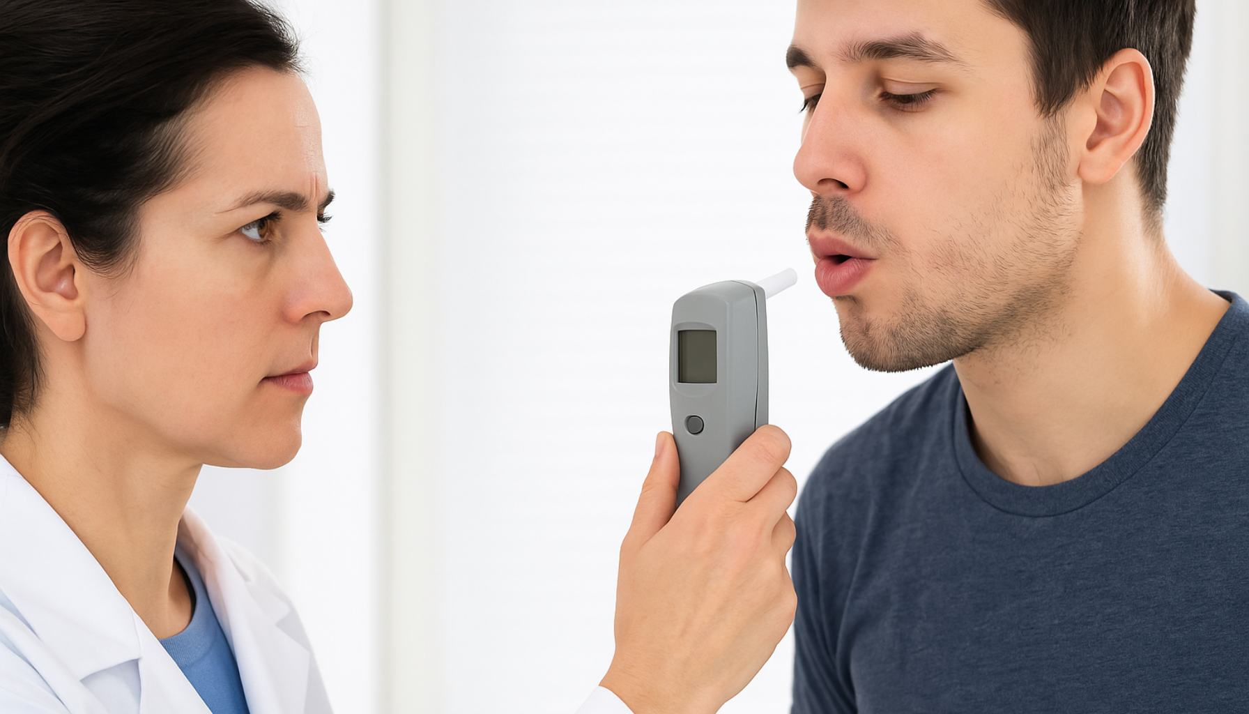 En lege måler pasientens utånding med en pusteanalysator for å oppdage acetonlukt i pusten.