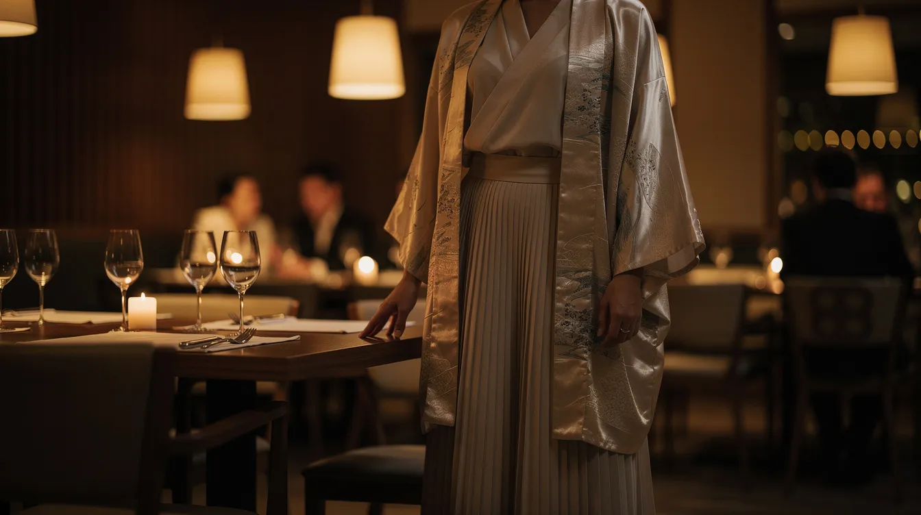 An elegant evening scene features a person wearing a silk haori jacket over a flowing dress, illuminated by soft ambient lighting in a stylish restaurant. The haori, a lightweight garment traditionally worn in Japanese culture, enhances the outfit's sophistication, showcasing intricate patterns and a modern twist suitable for formal occasions.