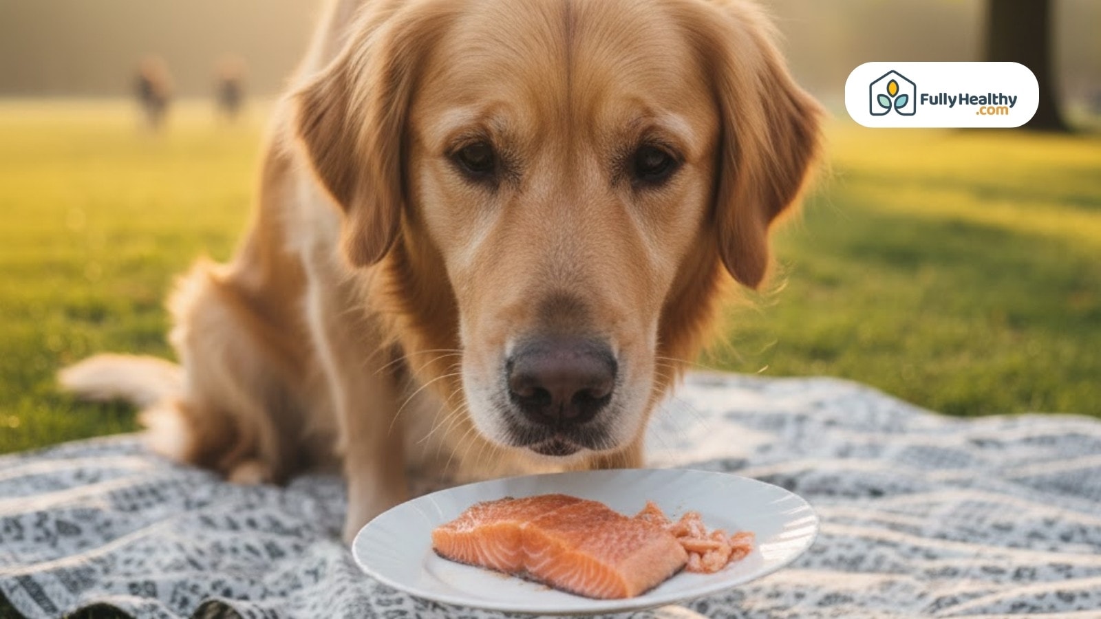 Golden retriever on picnic blanket staring at plate of fresh salmon outdoors