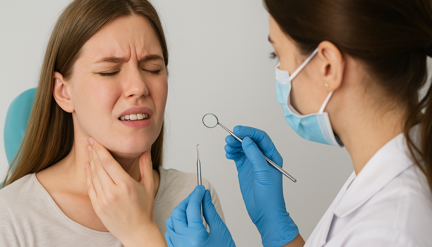Kvinne hos tannlege holder halsen smertefullt, tannlege undersøker med speil og instrumenter i klinisk setting.