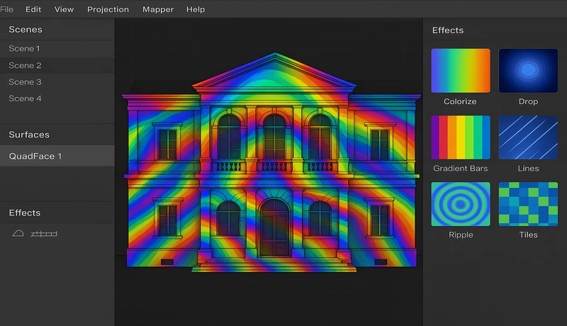 3D facade mapping software simulating lighting effects