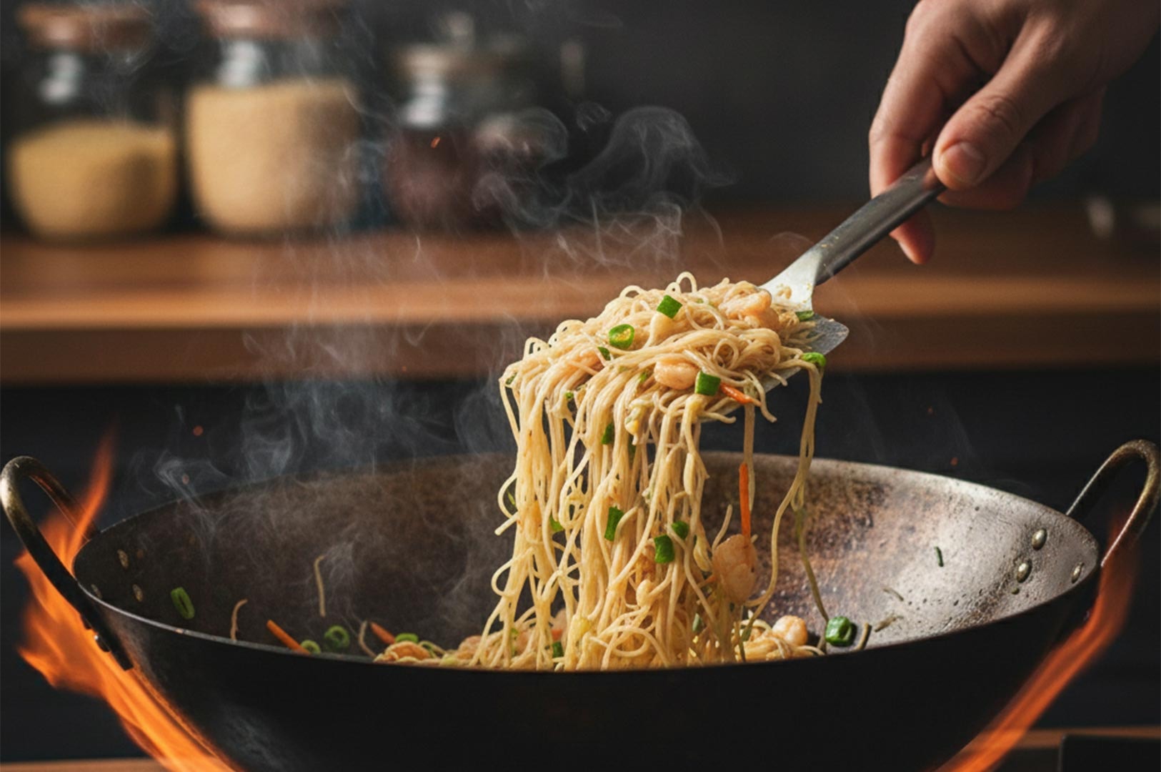 A chef tossing rice vermicelli noodles and vegetables in a professional wok over a high flame.