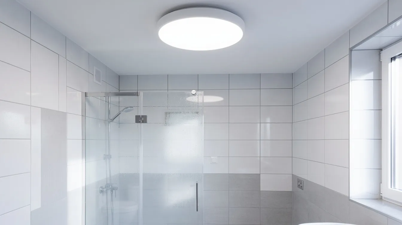 Ett ljust badrum med en platt rund LED-taklampa i vit färg, som sprider ett mjukt ljus över rummet. I bakgrunden syns en kaklad duschkabin, som bidrar till den moderna känslan i inredningen.