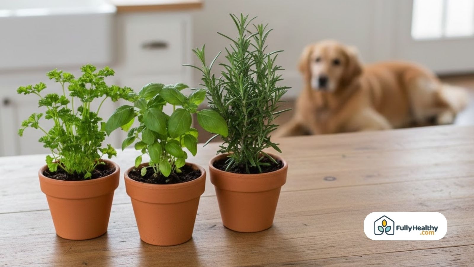 Three potted herbs on a table with a dog resting nearby indoors.