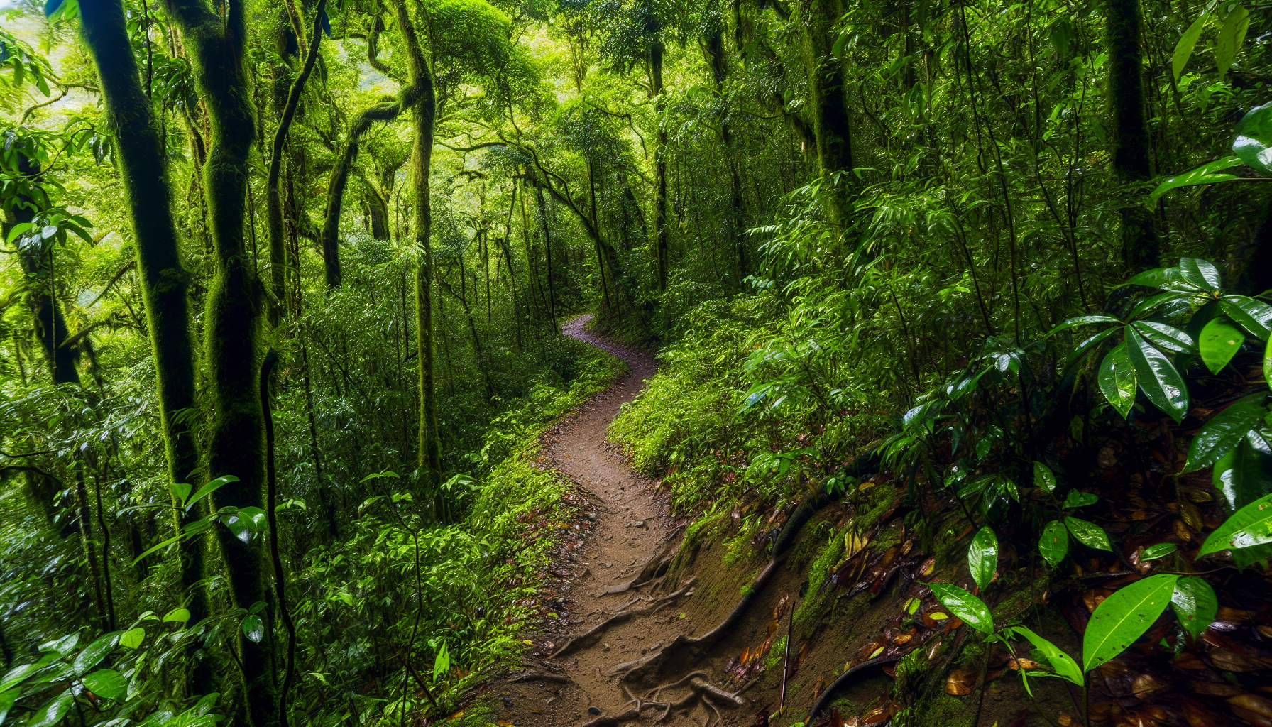 Hiking trail through lush rainforest in Costa Rica during rainy season
