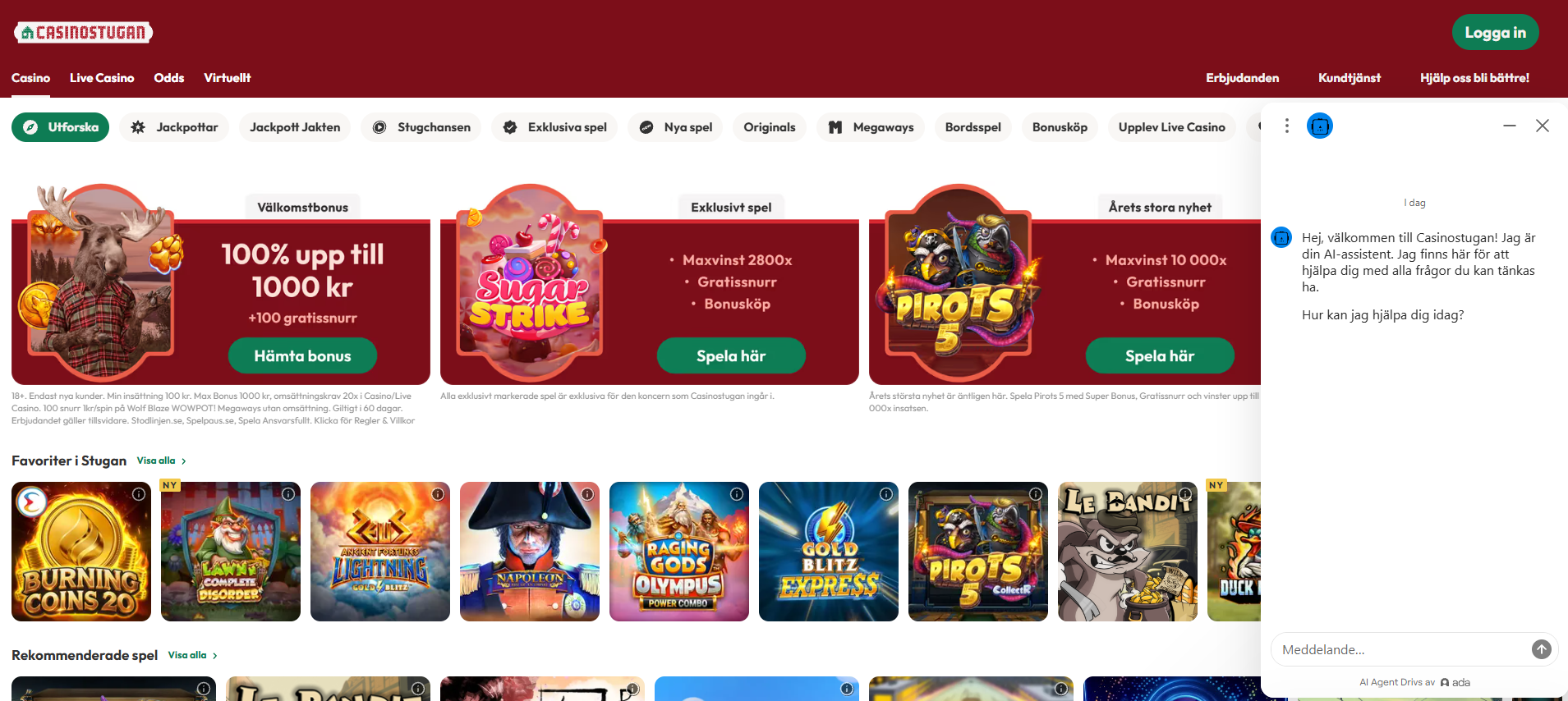 Casinostugans startsida med AI-assistenten öppen för frågor och kundsupport.