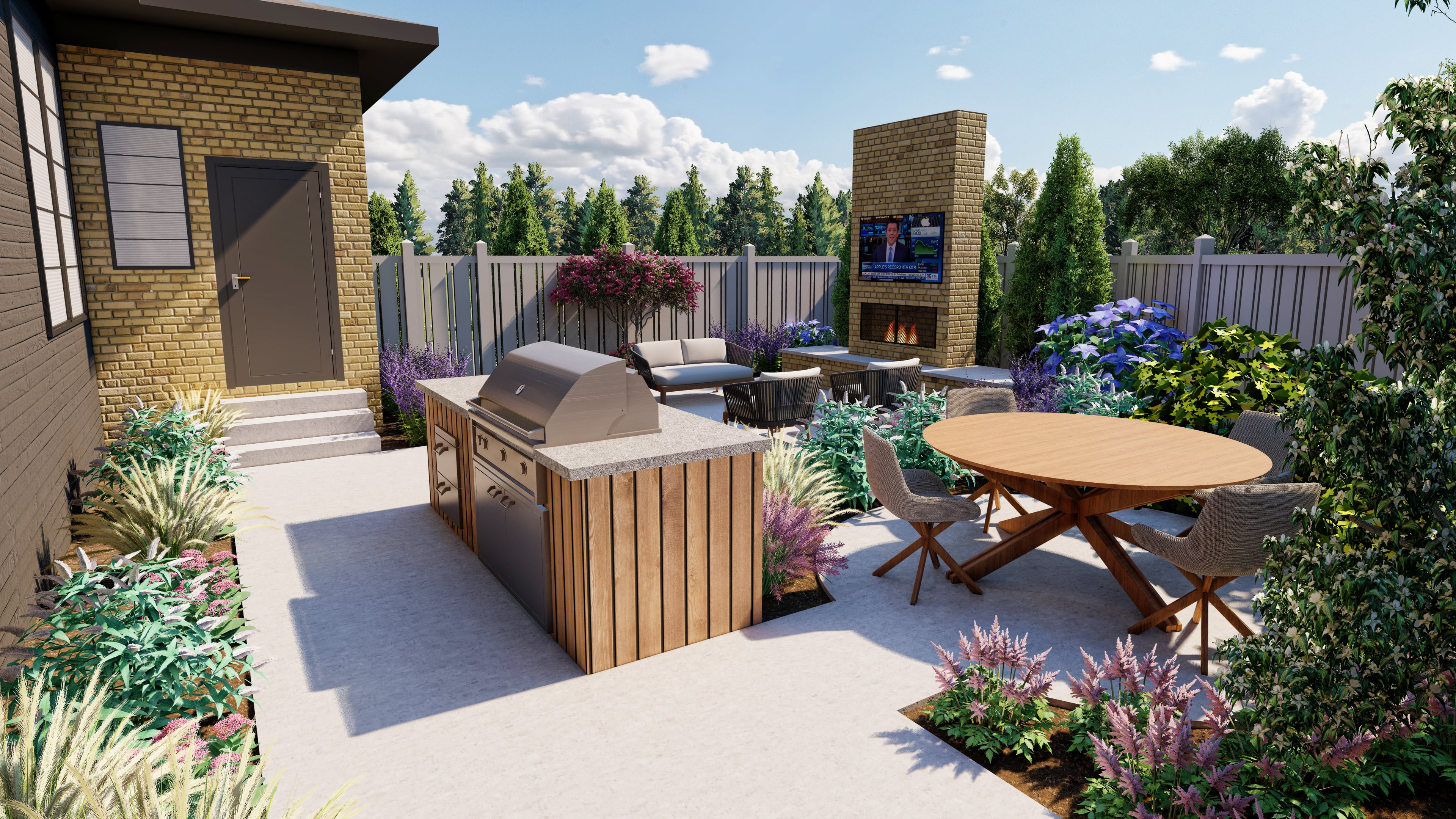 a Tilly backyard with an outdoor kitchen, fridge with cold drinks, outdoor TV and fire place over a paver patio