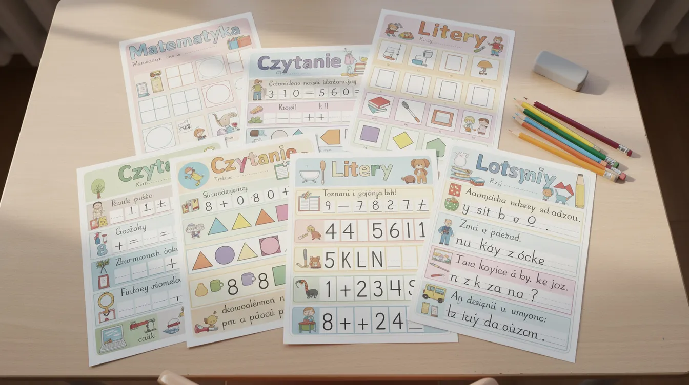 Na biurku szkolnym rozłożone są kolorowe karty pracy edukacyjne, kt&oacute;re wspierają proces nauczania uczni&oacute;w z r&oacute;żnymi potrzebami kształcenia specjalnego. Karty te mogą być wykorzystywane przez nauczyciela wspomagającego w celu motywowania dzieci oraz oceny ich postęp&oacute;w.