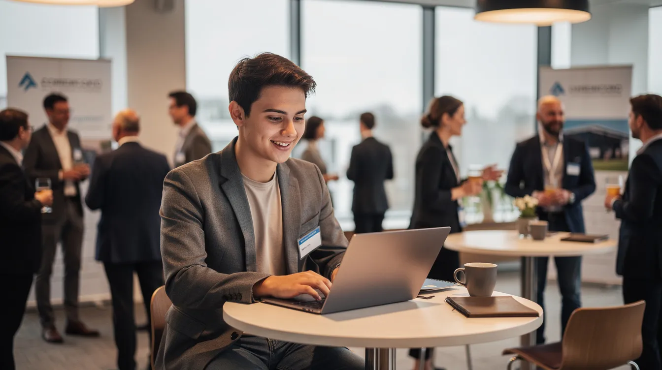 A young professional, possibly a cybersecurity intern, is seated in front of a laptop at a networking event, engaging with the screen while surrounded by other attendees in the background. This setting highlights the importance of building relationships and gaining real-world experience in the field of cybersecurity.