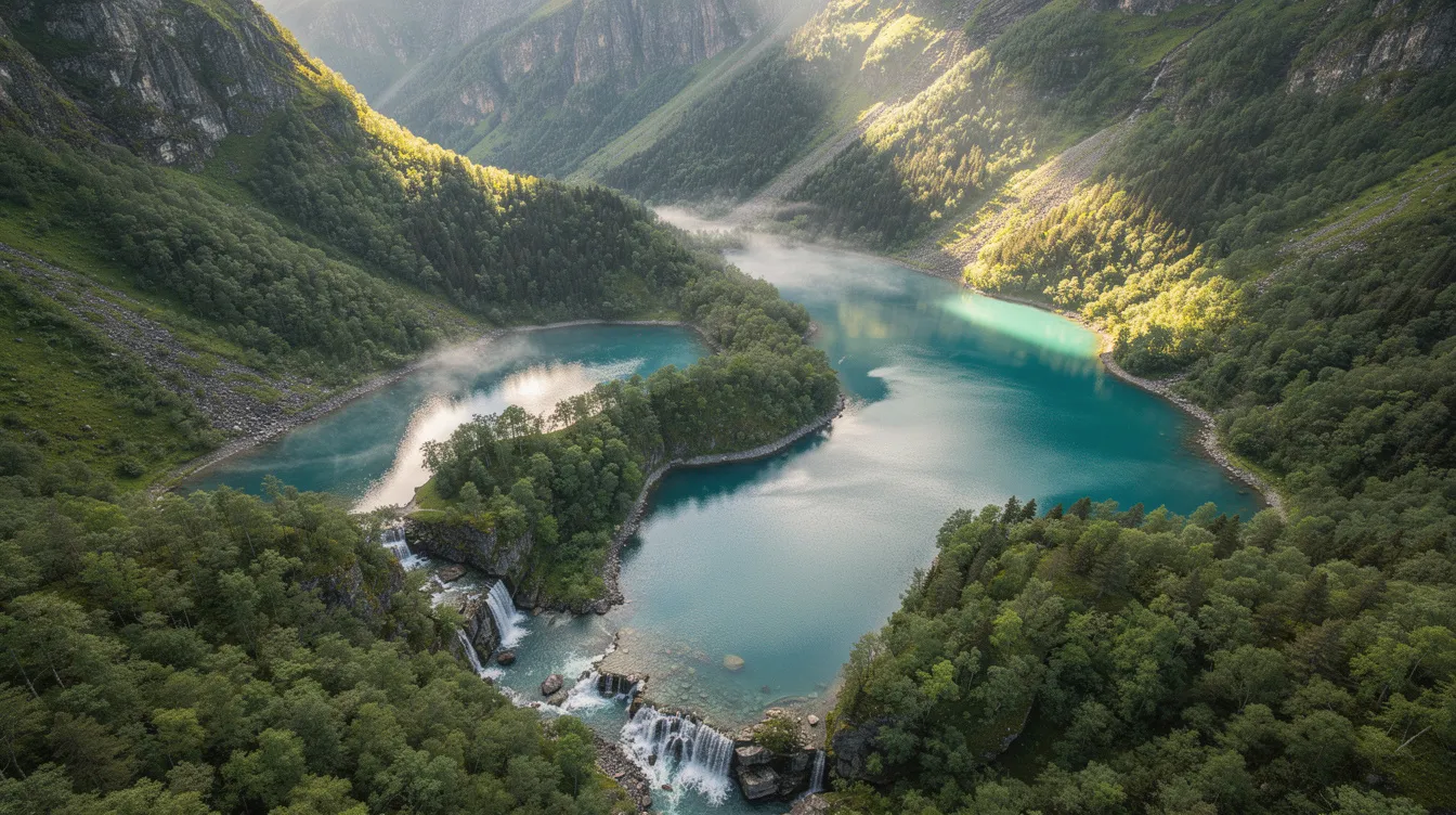 Vista aérea dos lagos de Plitvice, com suas águas cristalinas em tons de azul, cercados por densa floresta verde e montanhas. A imagem destaca as cascatas que conectam os lagos superiores e inferiores, criando uma paisagem deslumbrante no Parque Nacional da Croácia, reconhecido como Patrimônio Mundial pela UNESCO.