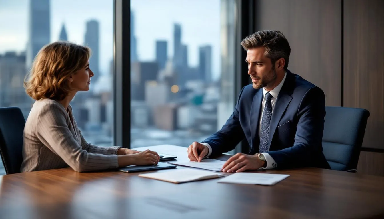 A professional estate planning attorney discussing services with a client.