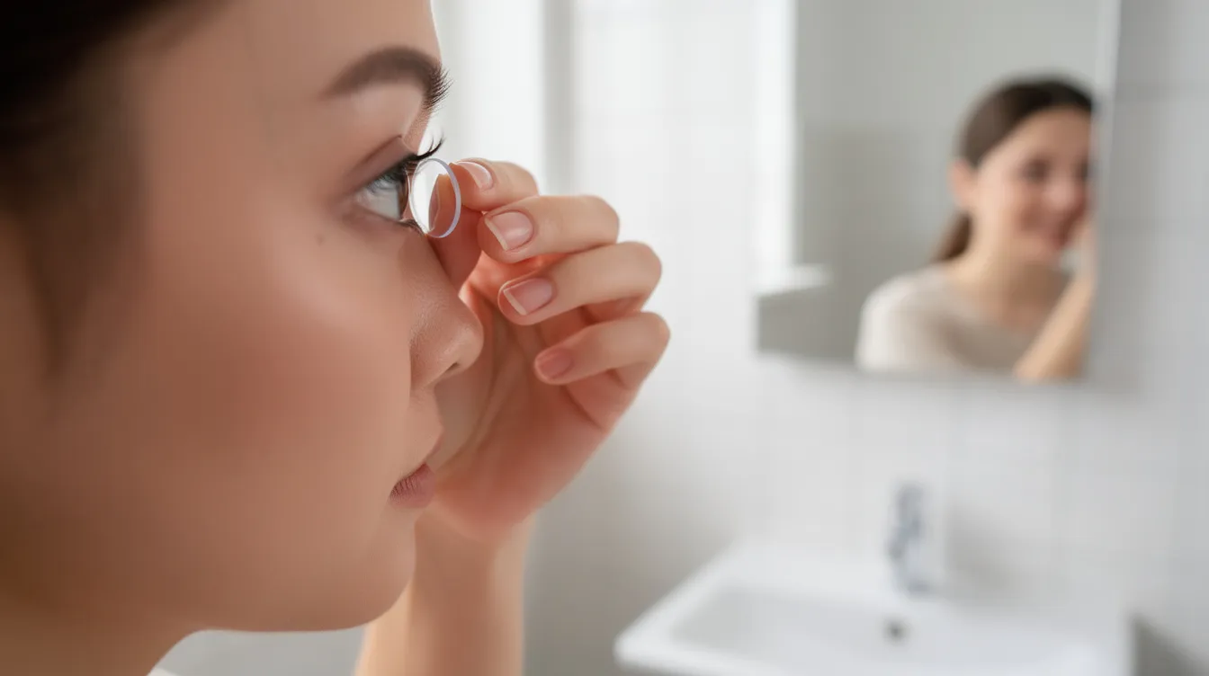 Uma pessoa está colocando uma lente de contato com grau diante de um espelho em um ambiente bem iluminado, demonstrando o cuidado e a praticidade do uso de lentes de contato. A imagem reflete a liberdade que essas lentes proporcionam em comparação aos óculos de grau.