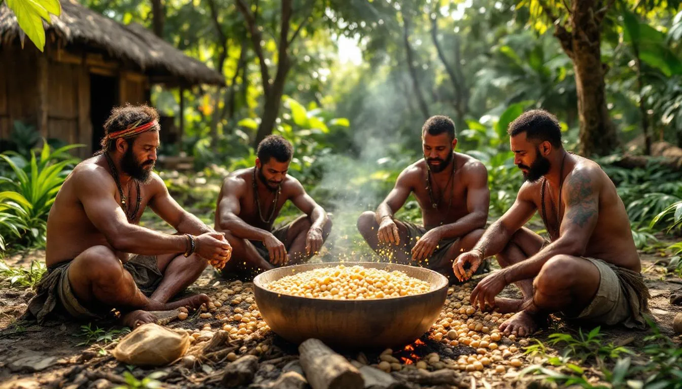 In this hyper-realistic image, a group of Indigenous Miskito men in traditional clothing are hand-processing palm nuts to make batana oil outdoors in rural Honduras. Surrounded by lush jungle and rustic wooden huts, their focused expressions reflect pride in their ancestral craft, emphasizing the cultural significance and sustainability of using batana oil for beard growth and overall hair health.