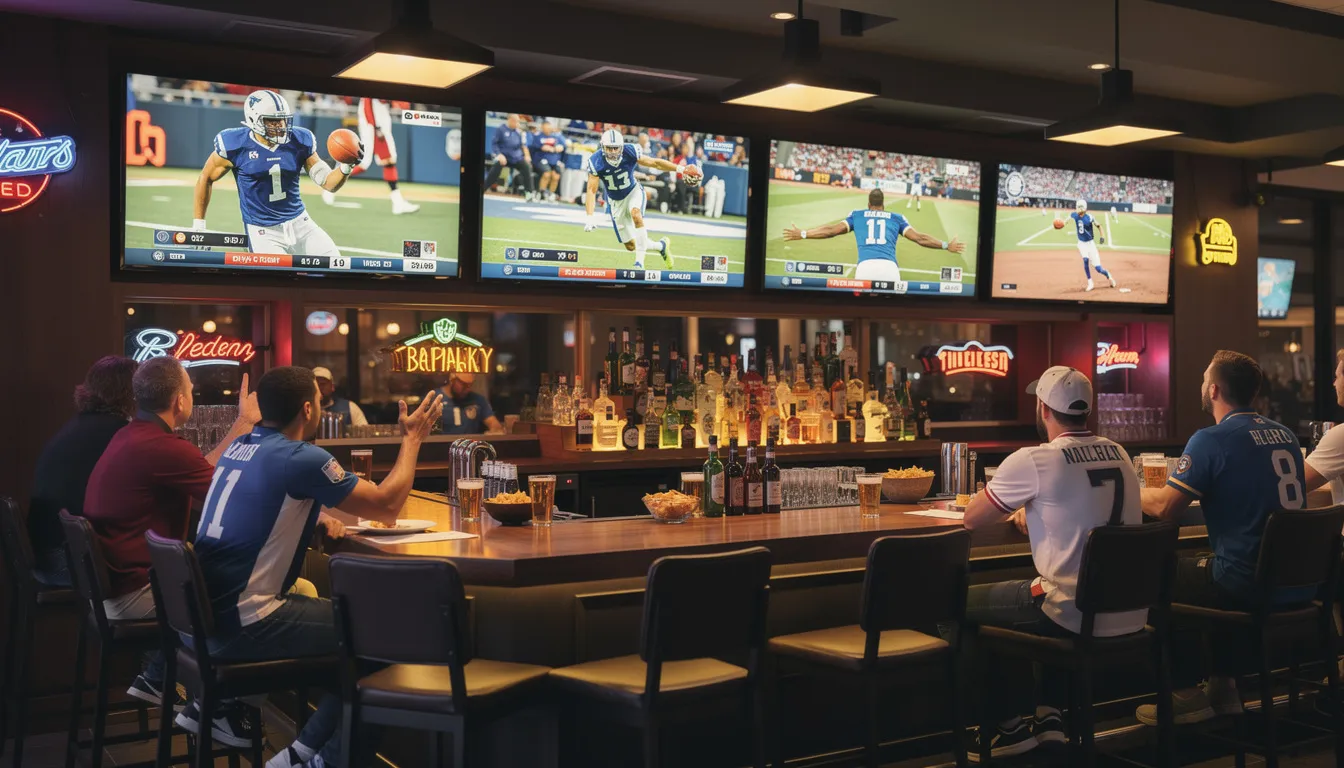 The image depicts a lively sports bar featuring multiple flat-screen televisions mounted on the walls, each displaying different sports channels, creating an engaging atmosphere for patrons. This setup showcases the importance of professional DSTV installation services for optimal viewing experiences in venues like this.