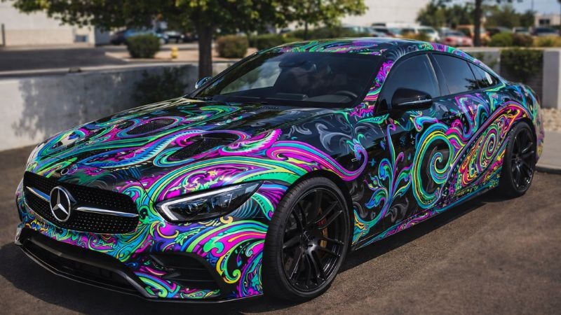 A car wrapped in a visually appealing artistic wrap