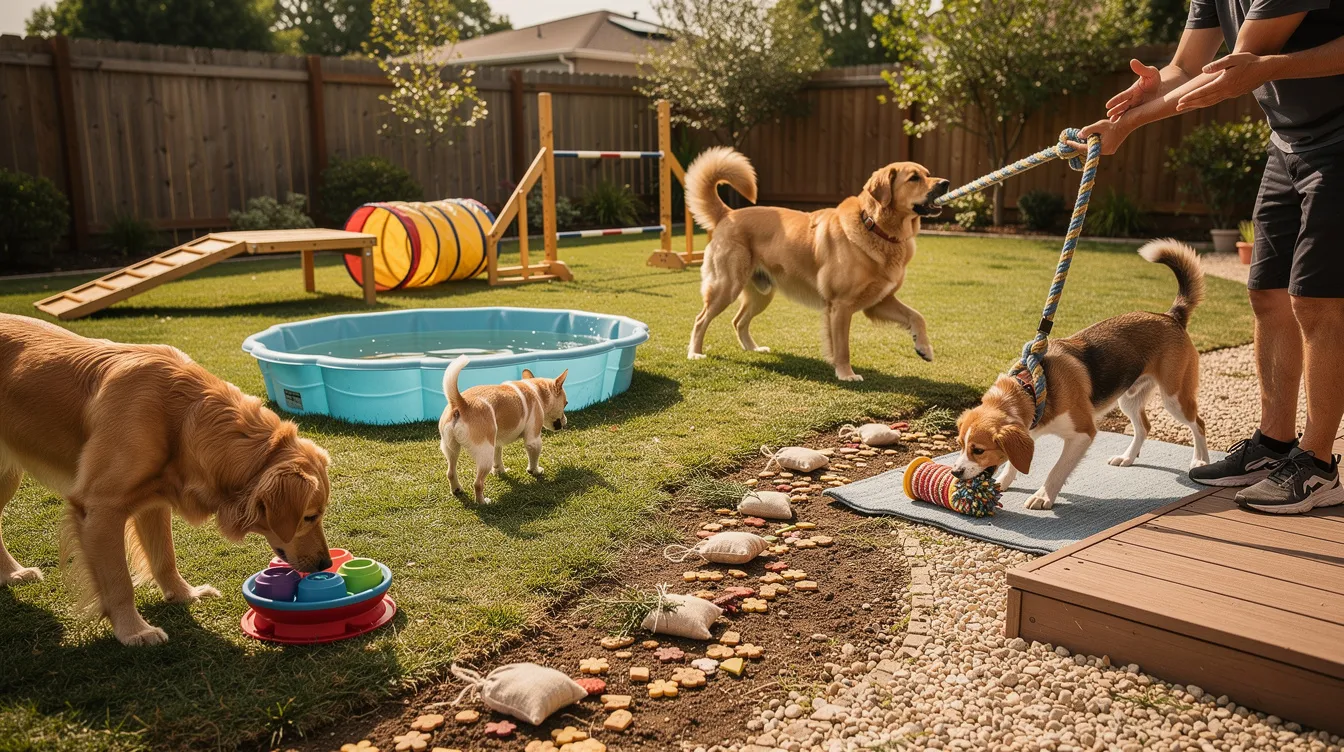 The image depicts a variety of dog enrichment activities, showcasing a dog engaging with puzzle toys, a snuffle mat, and a cardboard box filled with treats, illustrating how these activities provide mental stimulation and physical exercise for dogs. The scene emphasizes the importance of keeping dogs entertained and mentally engaged to prevent unwanted behaviors.