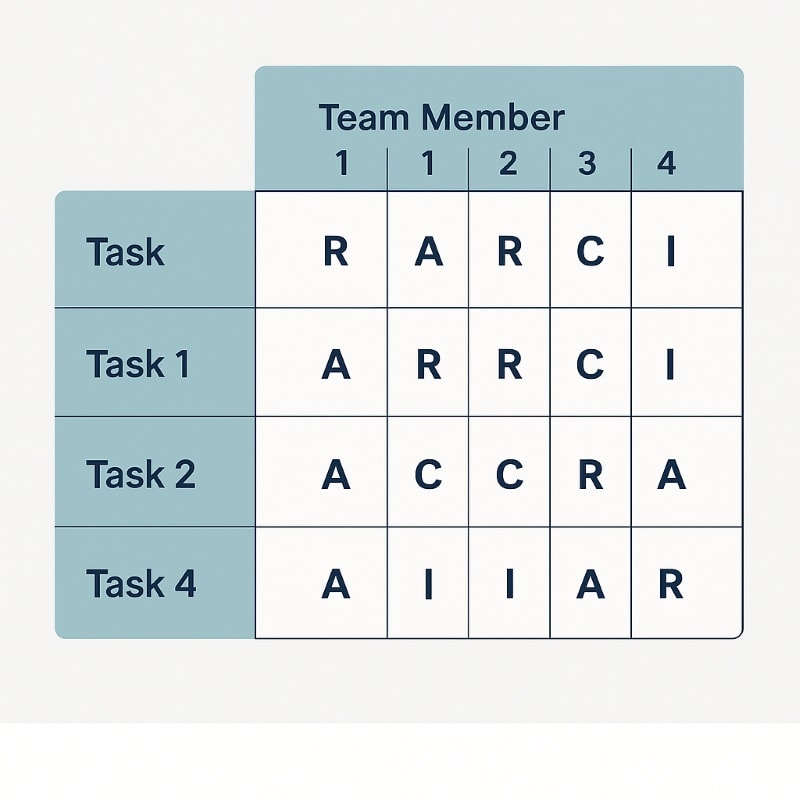 Infographic titled “Role Clarity in Action” displaying a simplified RACI matrix. The matrix is presented as a table with tasks listed in the left column and team members across the top row. Each cell contains role designations—R (Responsible), A (Accountable), C (Consulted), or I (Informed)—highlighting how responsibilities are distributed across a team. The design uses navy, teal, and white on a light gray background with clean sans-serif typography for clarity and professionalism. ChatGPT fragen