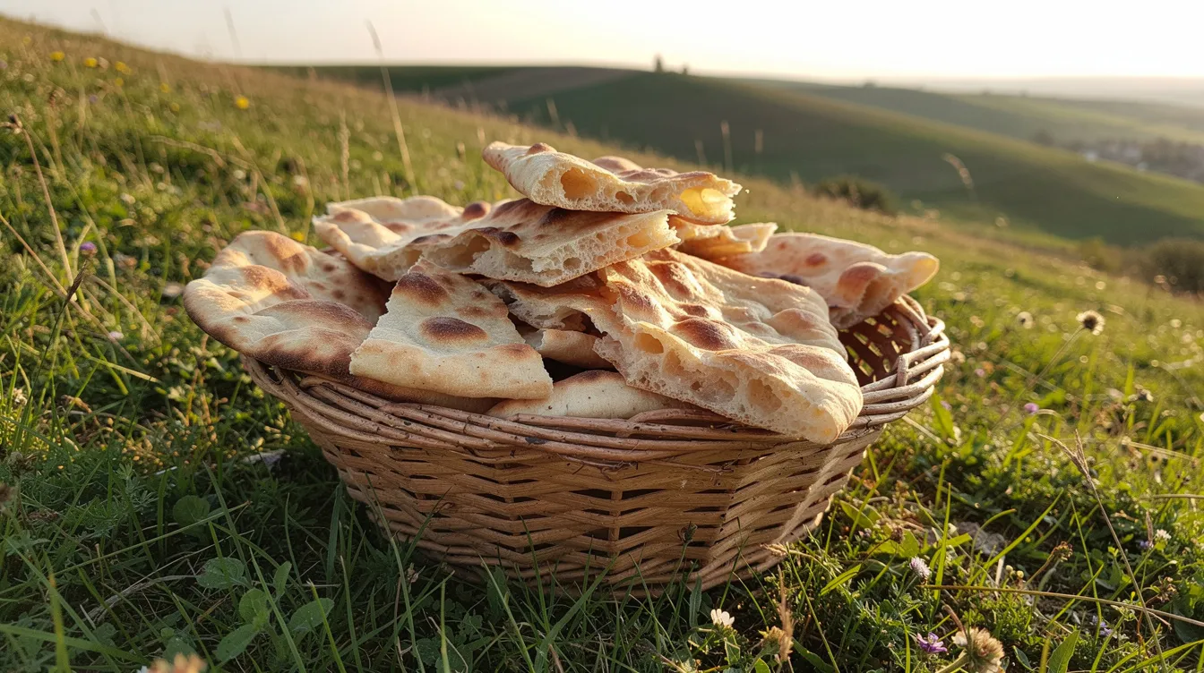 The image depicts a woven basket overflowing with broken pieces of flatbread, resting on a grassy hillside. This scene evokes a sense of abundance and sharing, reminiscent of biblical gatherings where bread symbolizes God's word and sustenance for His people, similar to the significance of the number 12 in the Bible, representing completeness and divine order.