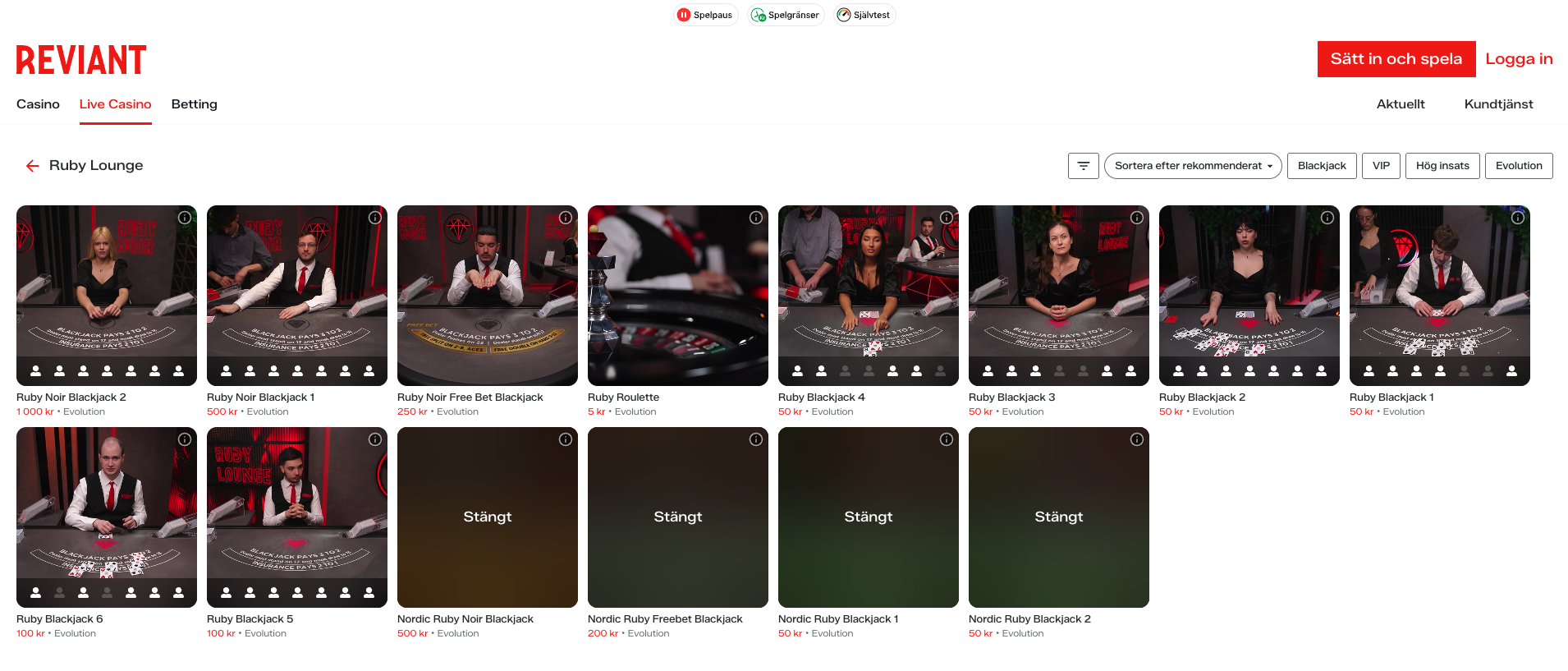 Reviant live casino Ruby Lounge – exklusiva blackjackbord med live dealers, svensk licens, snabba uttag och spel via Swish och Trustly