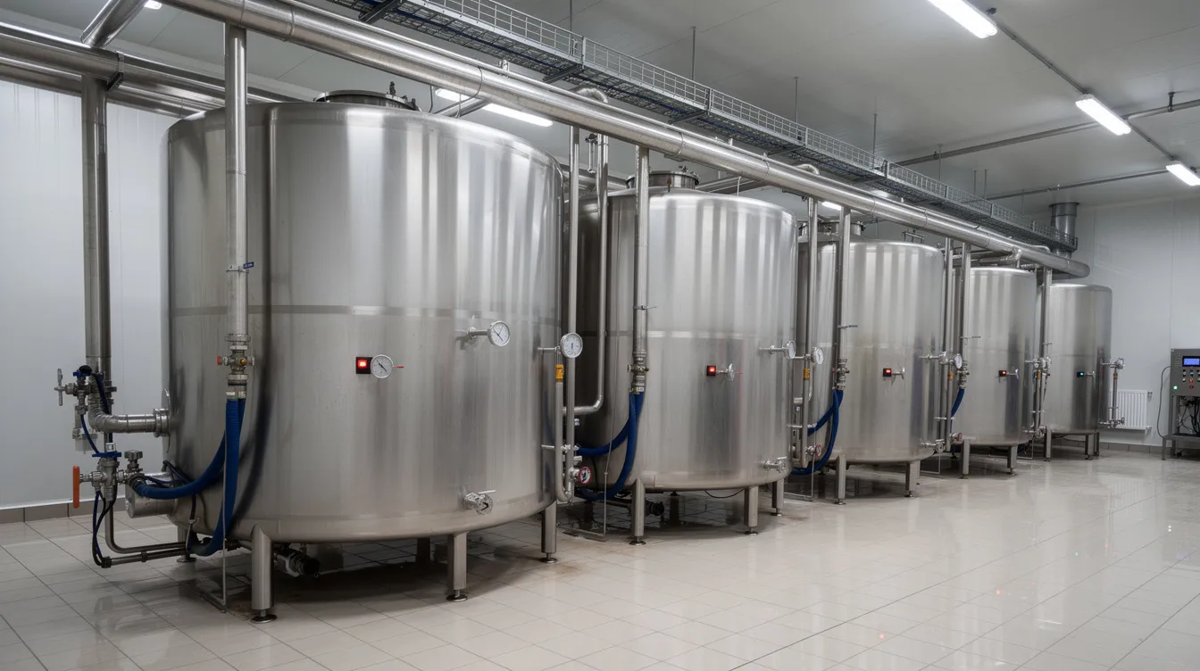 6048a39d d909 48fd a2e6 dd612abe682b The image depicts large cylindrical stainless steel milk storage tanks situated inside an industrial dairy processing facility, highlighting key components of the ghee manufacturing process. These tanks are essential for maintaining the quality of liquid milk and ensuring efficient operations within the ghee production plant.